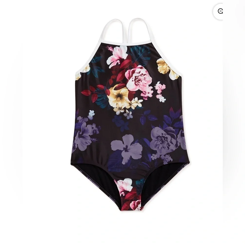 Wonder Nation Swimsuit Girls Medium One Piece Black Pink Yellow Floral Straps